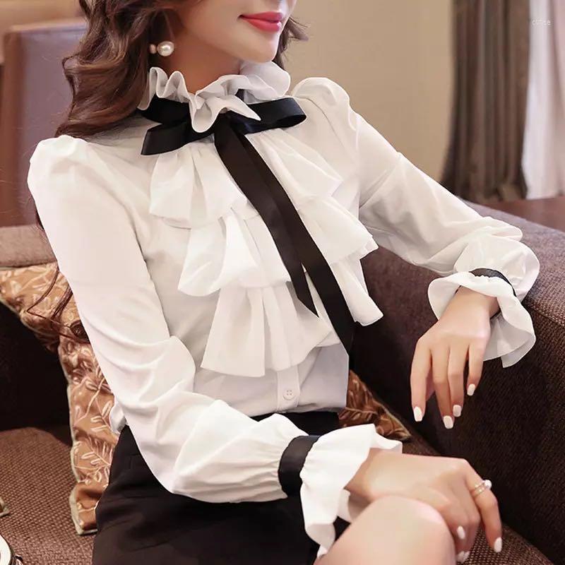 Women's Blouses 2023 Autumn Women Shirts White Ruffles Bow Long Sleeve Chiffon Tops Work Wear Office Blusas Femininas Ladies Fashion