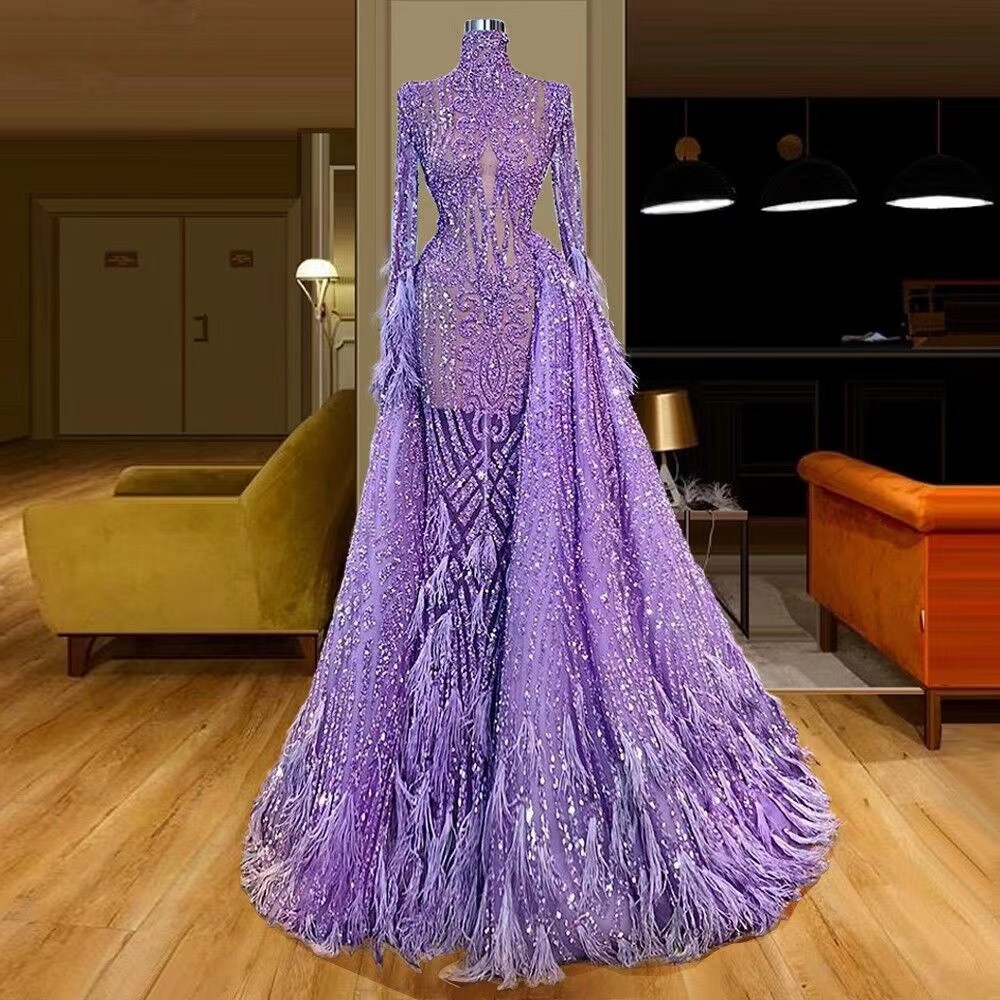 2023 Prom Dresses purple Mermaid long sleeves Sequins feather Party Dresses Ruffles crystal Glitter Celebrity Dress Custom Made Graduation Party Evening Gowns
2023 Prom Dresses purple Mermaid long sleeves Sequins feather Party Dresses Ruffles crystal Glitter Celebrity Dress Custom Made Graduation Party Evening Gowns