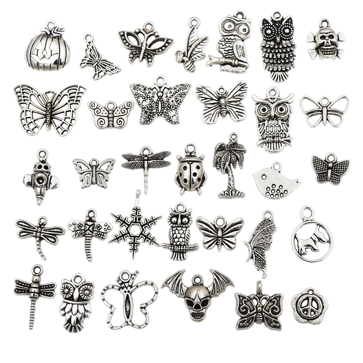 

Mixed Tibetan Silver Alloy Charms Pendant Butterfly Owl Bird Dragonfly Peace Flower Dog Skull Snowflake Ladybug For DIY Jewelry Making 150Pcs