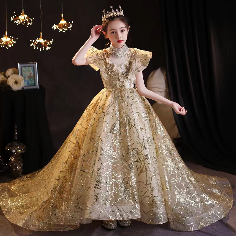 Handmade Flower Girls Dresses necklace Bead Princess Kids crystal sequined long tain Bridesmaid Dress princess Girl Pageant Ball Gown Toddler Gowns
