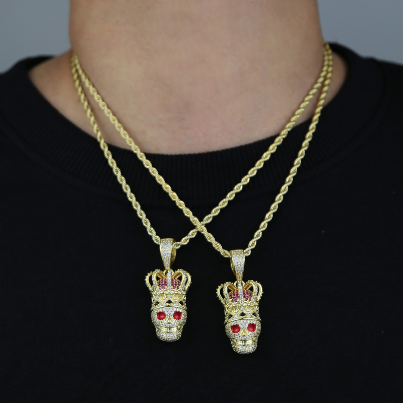 Fashion Bling Cz Paved Crown Shaped Skull Pendant Iced Out Cubic Zirconia Gold Plated Hip Hop Rock Jewelry for men women punk styles necklace drop shi