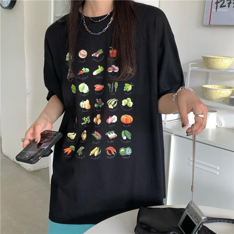 Women's T Shirts Summer Vegetable Print Loose Short Sleeve T-shirt, Black