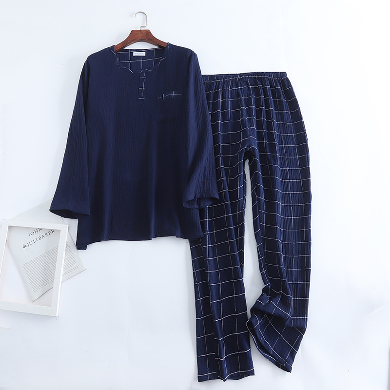 Men's Sleepwear spring and autumn men's 100% cotton crepe round neck plaid pajamas two-piece long-sleeved trousers plus size loungewear suit