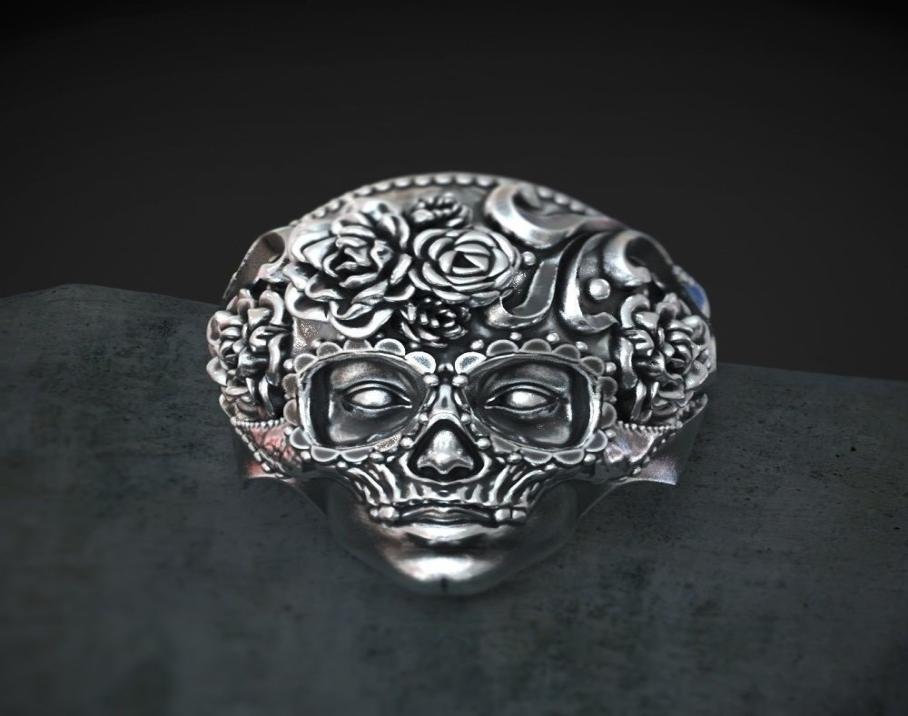Unique 316L Stainless Steel Heavy Sugar Skull Ring Mens Mandala Flower Santa Muerte Biker Jewelry Size 7 14