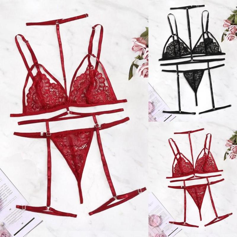 Bras Sets Women Sexy Lingerie Set Plus Size V-neck Bra Thong Garter Red Underwear Lenceria S-2xl Naked And, Black