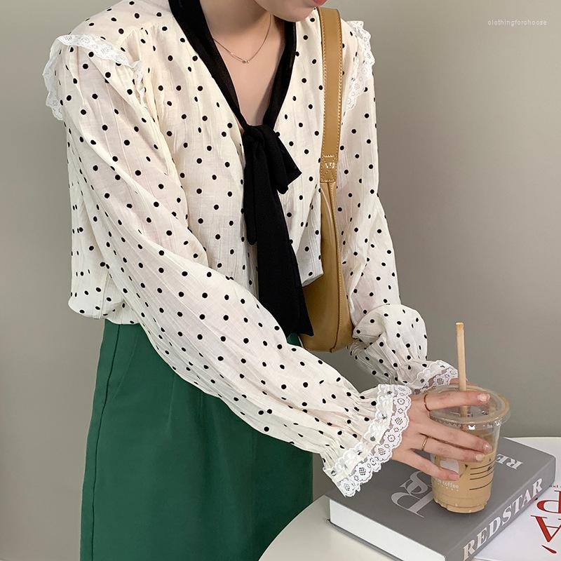 Women's Blouses Sweet Polka Dots Flare Sleeve Lace Hem Tie Women Shirt Spring Blouse Chemise Femme, Beige
Women's Blouses Sweet Polka Dots Flare Sleeve Lace Hem Tie Women Shirt Spring Blouse Chemise Femme, Beige