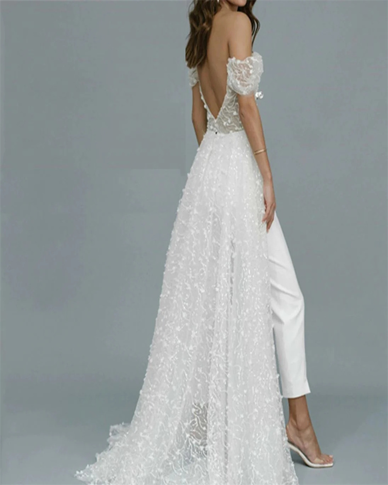 Luxury Jumpsuit Boho Wedding Dress With Train Elegant Overskirt V Neck Garden Bohemian Bridal Dresses With Sleeve Floral Bride vestidos de novia 2023 