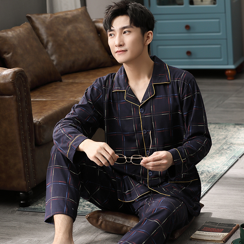 Men's Sleepwear Autumn 100% Cotton Pijama Hombre Lounge Sleepwear Pyjama Femme Plaid Spring Bedgown Home Clothes Man PJs Pure Cotton Pajamas Set 