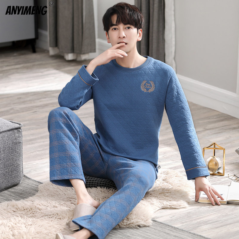 Men's Sleepwear Young Men Winter Three Layer Cotton Pajamas Set Grey Thick Homesuit Plaid Pants Nightwear Men Sleepwear Round Collar Pijamas 2303