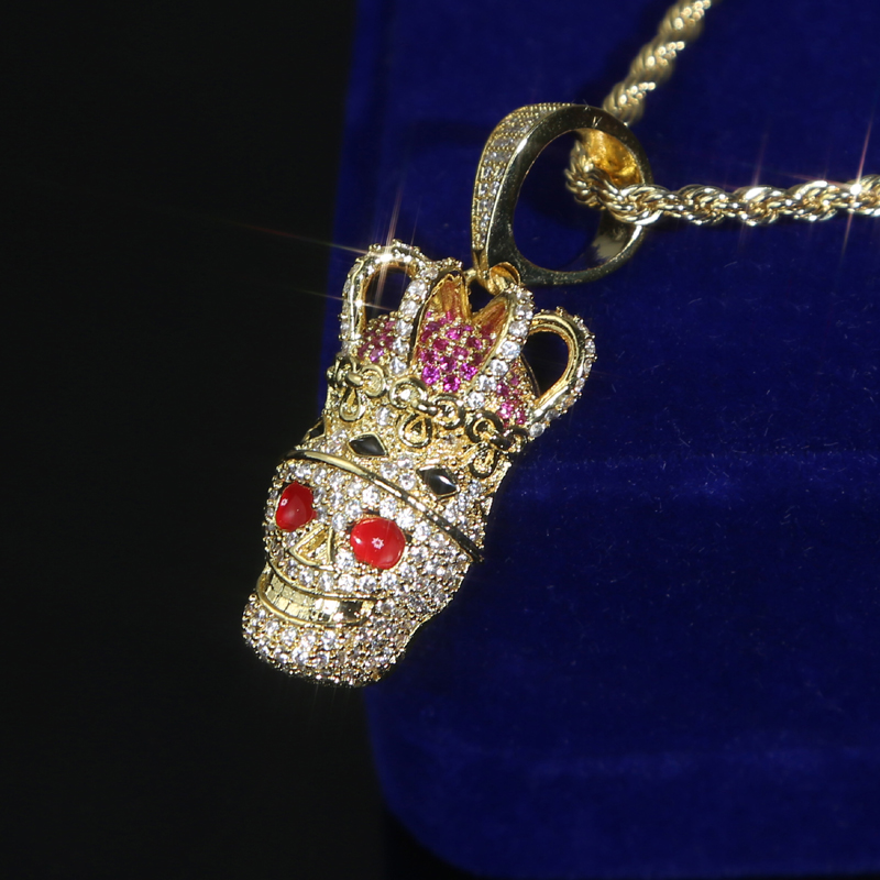 Fashion Bling Cz Paved Crown Shaped Skull Pendant Iced Out Cubic Zirconia Gold Plated Hip Hop Rock Jewelry for men women punk styles necklace drop shi