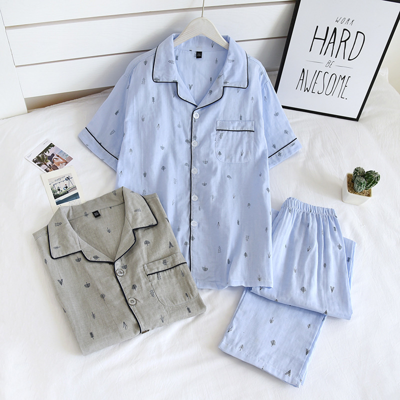 Men's Sleepwear Men's Pajamas Two-piece Spring And Summer 100% Cotton Gauze Short-sleeved Trousers Thin Casual Home Wear Cover Men Pajamas 2