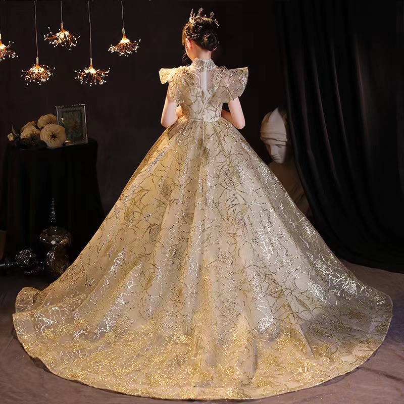 Handmade Flower Girls Dresses necklace Bead Princess Kids crystal sequined long tain Bridesmaid Dress princess Girl Pageant Ball Gown Toddler Gowns