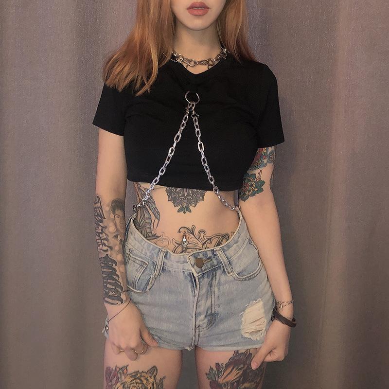 Women' T Shirts Streetwear Punk Tshirt Women Chain Decoration Grunge Tee Summer Fashion Tumblr Hipster Outfit, Short sleeve tee
Women' T Shirts Streetwear Punk Tshirt Women Chain Decoration Grunge Tee Summer Fashion Tumblr Hipster Outfit, Short sleeve tee