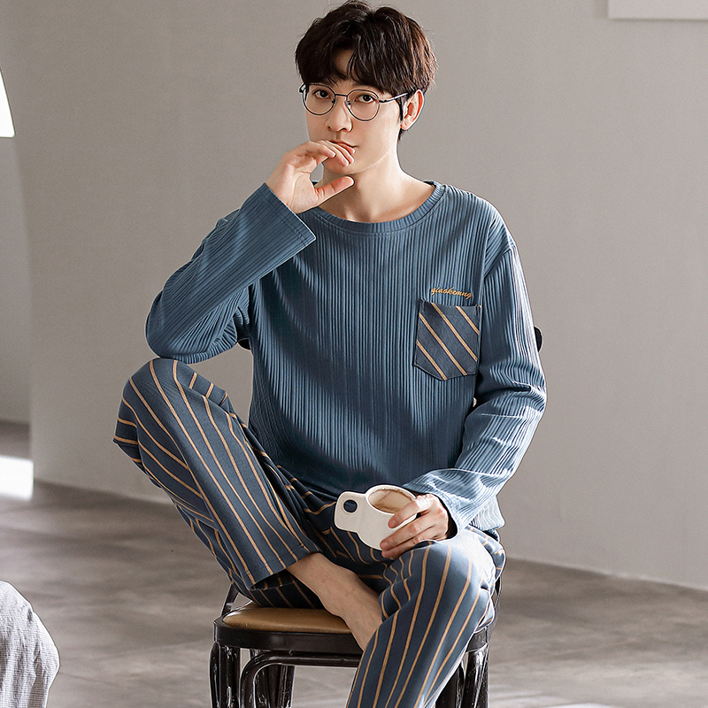 Men's Sleepwear Men's Pajamas Set Autumn Winter Leisure Elastic Waist Men Sleepwear Cotton Men's Long Sleeve Nightwear Trousers Homewea