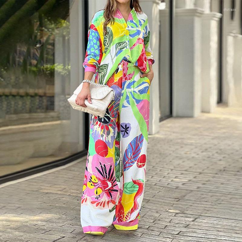 Women' Two Piece Pants 2023 Women Floral Print Set Fashion Long Sleeve Shirt And Loose Wide Legs With Pockets Sets High Streetwear
Women' Two Piece Pants 2023 Women Floral Print Set Fashion Long Sleeve Shirt And Loose Wide Legs With Pockets Sets High Streetwear