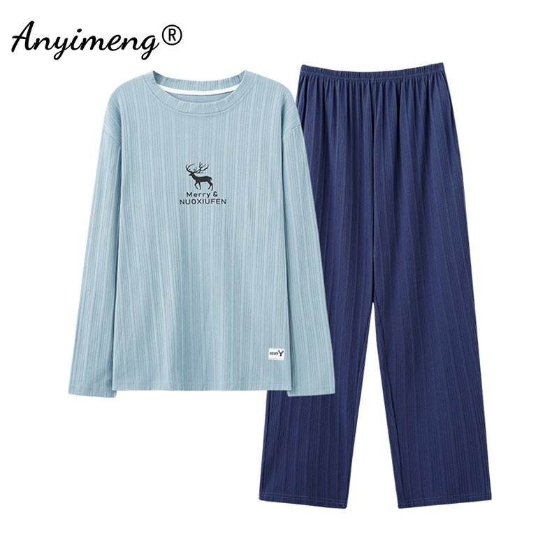 Men's Sleepwear L-4XL Men's Pajamas Set Autumn Winter Knitted Cotton Casual Sleepwear for Man Full Length Pijamas Elegant Male Pyjamas Night