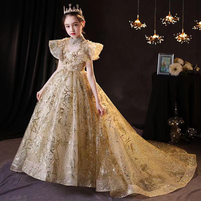 Handmade Flower Girls Dresses necklace Bead Princess Kids crystal sequined long tain Bridesmaid Dress princess Girl Pageant Ball Gown Toddler Gowns