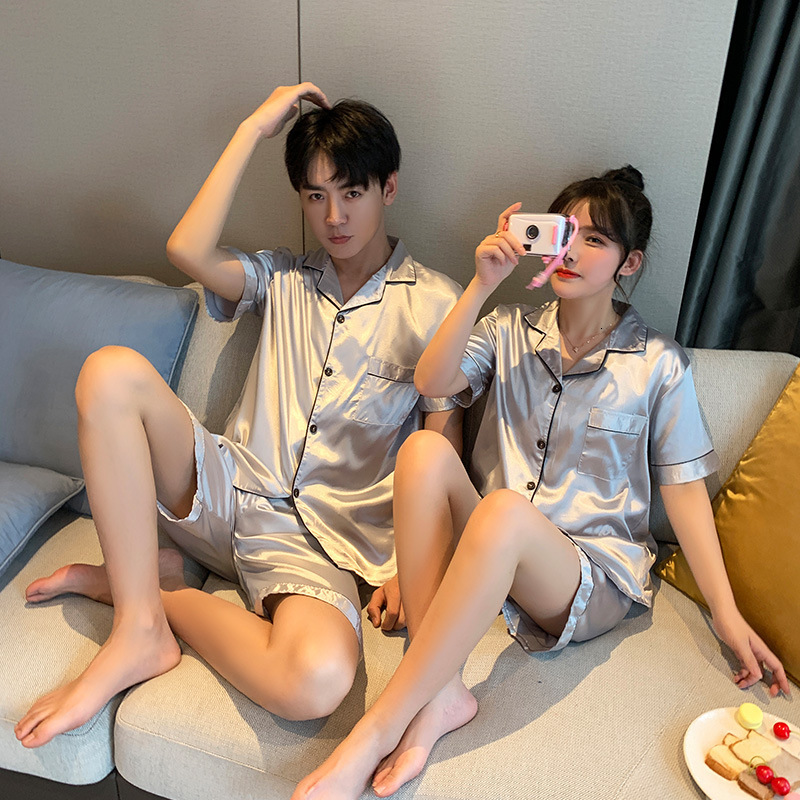 Men's Sleepwear Solid Color Sleepwear Silk Satin Pajamas Couple Set Short Button-Down Pyjamas Suit Pijama Women Men Loungewear Plus Size Pj Set 2