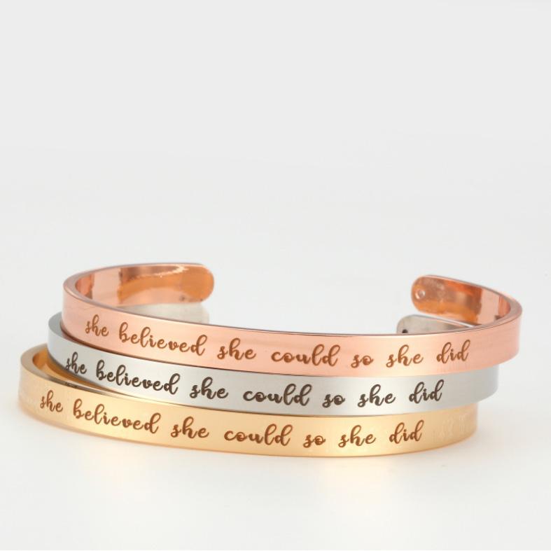 Bangle Stainless Steel Cuff Engrave "She Believed She Could So Did" Inspirational Motivational Bracelet For Her
Bangle Stainless Steel Cuff Engrave "She Believed She Could So Did" Inspirational Motivational Bracelet For Her