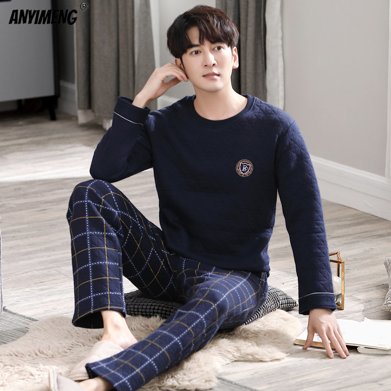 Men's Sleepwear Young Men Winter Three Layer Cotton Pajamas Set Grey Thick Homesuit Plaid Pants Nightwear Men Sleepwear Round Collar Pijamas 2303