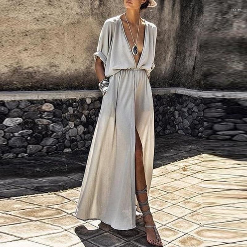 Casual Dresses Fashion Short Sleeve Loose Long Dress Sexy Deep V Neck High Slit Party Lady Elegant Solid Boho Beach Women Sundress, 02 blue
Casual Dresses Fashion Short Sleeve Loose Long Dress Sexy Deep V Neck High Slit Party Lady Elegant Solid Boho Beach Women Sundress, 02 blue