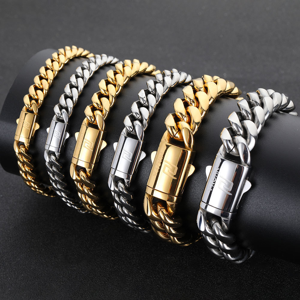 Charm Bracelets Hip Hop Rock Jewelry Free Custom Name 18K Gold Plated Miami Cuban Link Chain Stainless Steel Bracelet For Men 230317
