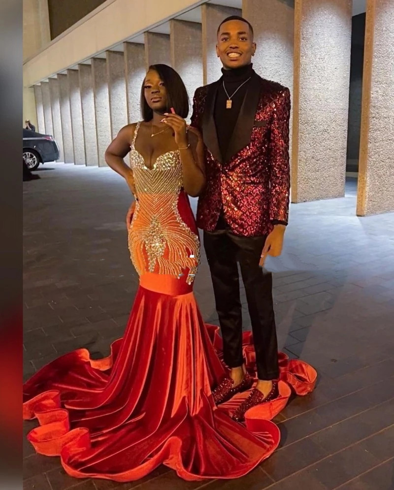Beaded Mermaid Prom Sparkly Dresses for Black Girls 2023 Orange Veet Plus Size Formal Birthday Party Evening Ocn Gowns Vestidos De Novia