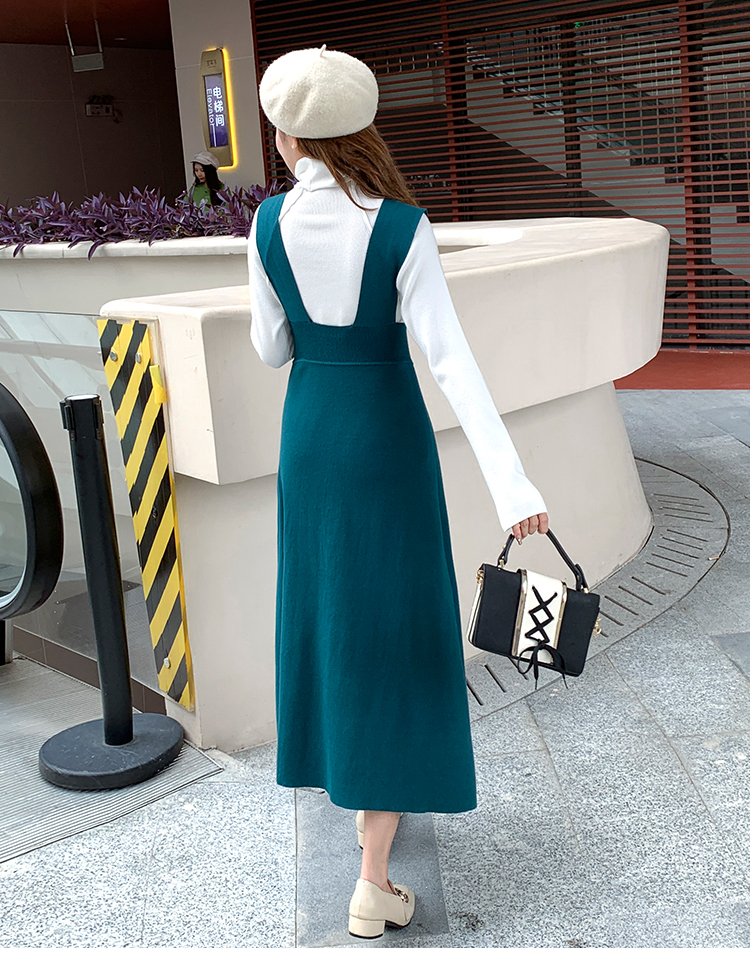 Womens turtleneck sweater and knitted spaghetti strap suspender a-line midi long dress