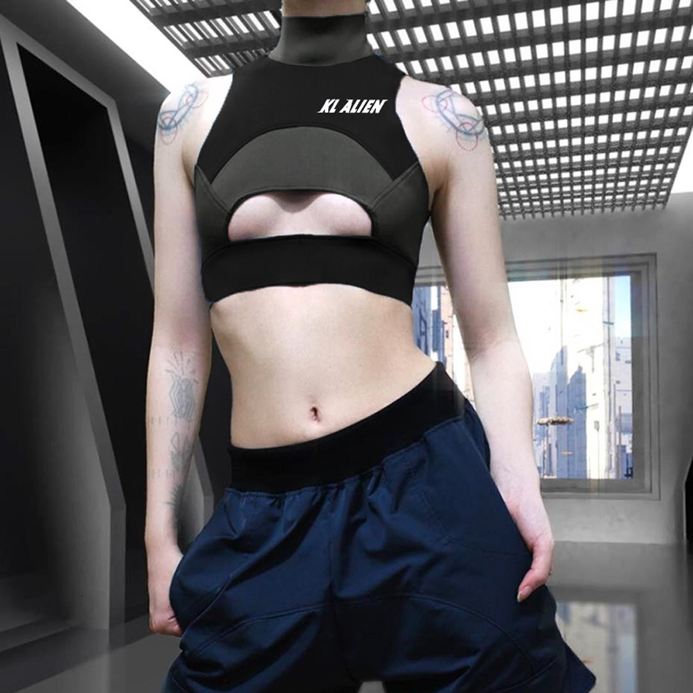Women's Tanks Camis Lairauiy Summer Women Cool Hip Hop Jogger Sexy Club High neck Stretch Bandeau Front Hollow Hole Crop Top Sport Cami Vest Top 
