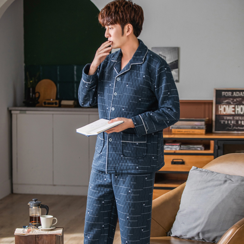 Men's Sleepwear Men laminated air cotton pajamas male geometry print warm pyjamas thin quilted suit long sleeve pajama winter leisure wear 3XL 23