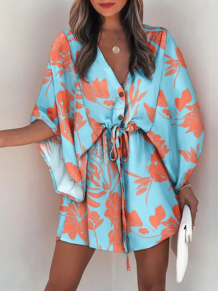 Casual Dresses Casual Boho Beach Vacation Mini Dress Women Summer Print Lace Up Button Batwing Sleeve Dresses For Women's Loose Female Robe 23031