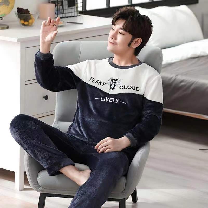 Men's Sleepwear Coral Fleece Pajamas Sets For Men Thick Warm 2 Piece/Set Lounge Sleepwear Plus Size Soft Nightwear Homewear Home Clothes 230317