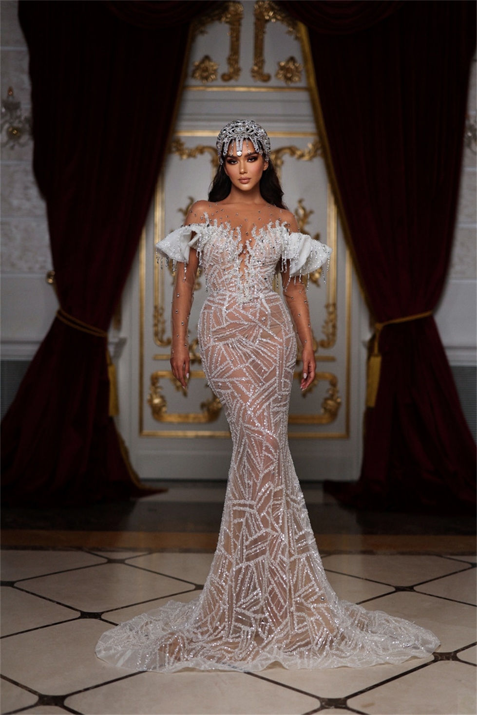 Sequined Lace Glitter Mermaid Wedding Dresses Elegant Illusion Bead Bridal Gowns Custom Made or Length Dress Vestido De Novia