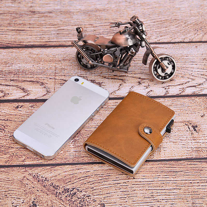 Wallets Blocking Vintage Men Credit Holder Aluminum Alloy Business ID Card Case Automatic Male Metal Leather Cardholder Wallet 2022L230303