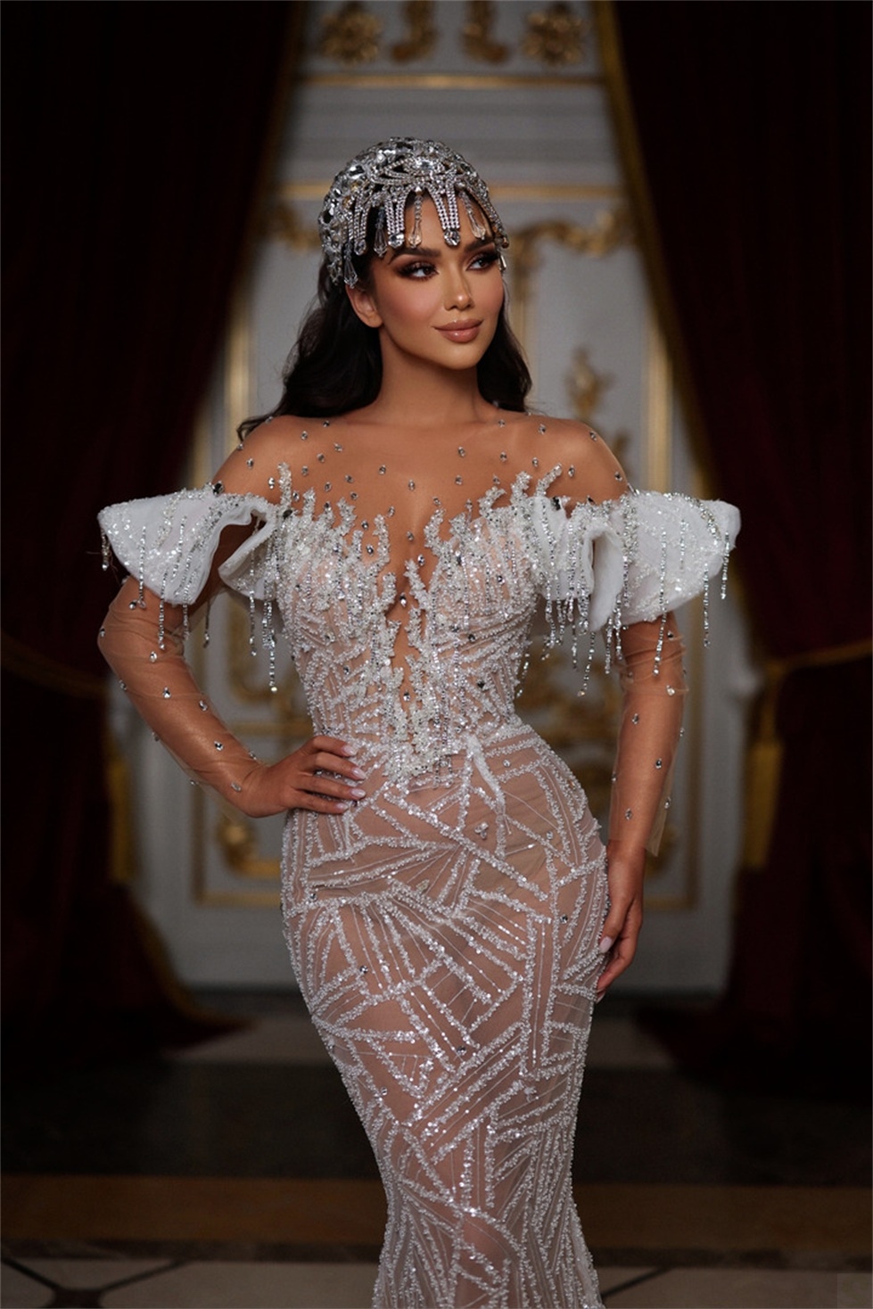 Sequined Lace Glitter Mermaid Wedding Dresses Elegant Illusion Bead Bridal Gowns Custom Made or Length Dress Vestido De Novia