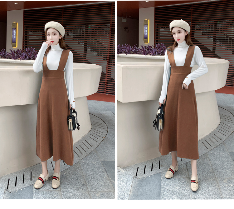 Womens turtleneck sweater and knitted spaghetti strap suspender a-line midi long dress
