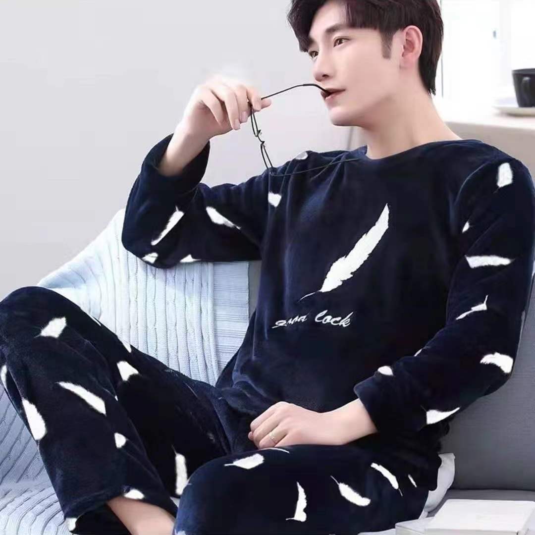 Men's Sleepwear Coral Fleece Pajamas Sets For Men Thick Warm 2 Piece/Set Lounge Sleepwear Plus Size Soft Nightwear Homewear Home Clothes 230317