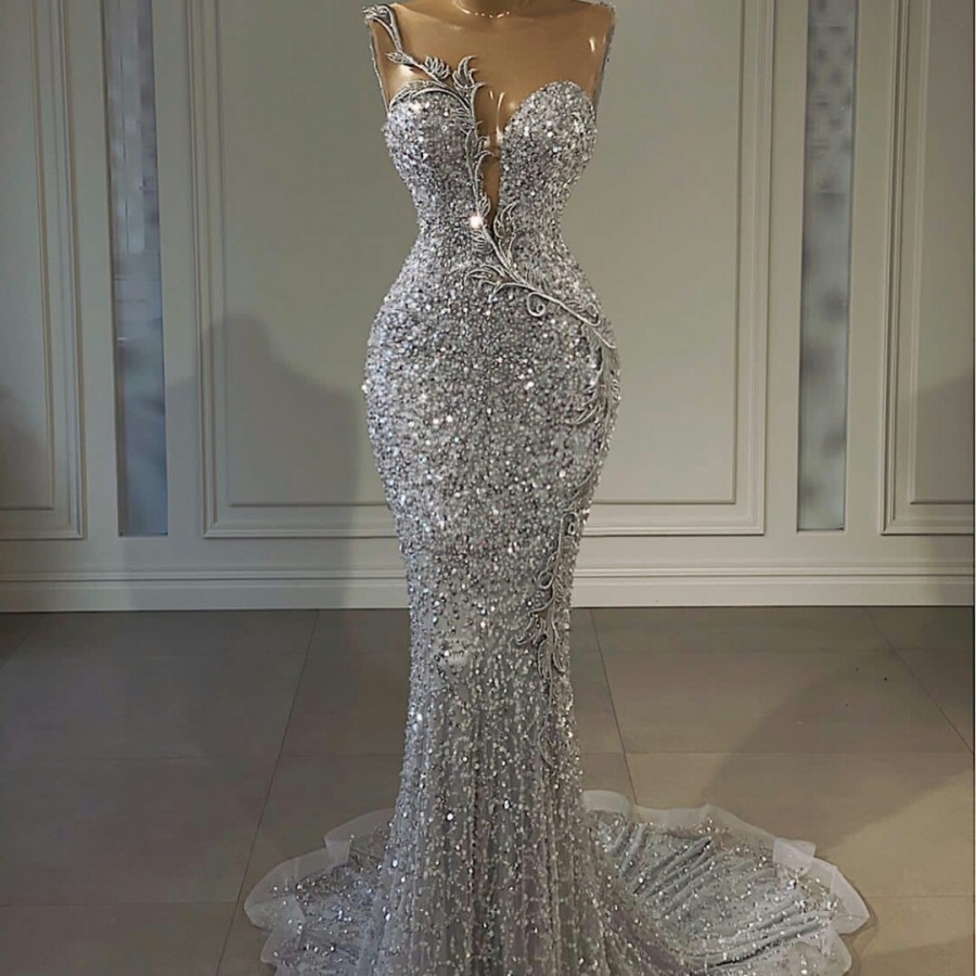 Sier Crystal Evening Dress 2024 Lace Beaded Mermaid Sequined Prom Formal Gowns Sheer Neck Robe De Soiree Vestidos Feast Formales