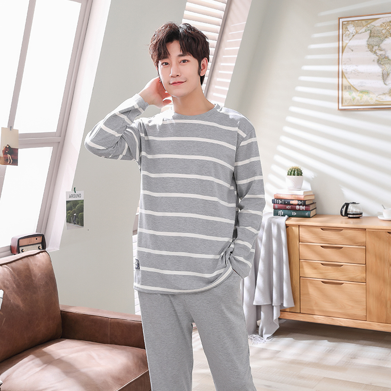 Men's Sleepwear Pajamas Sets Male Striped Full Pure Cotton Carton Fashion Men Long Sleeve Sleepwear Suit 2 Pieces Casual Spring Home Lounge Gift 