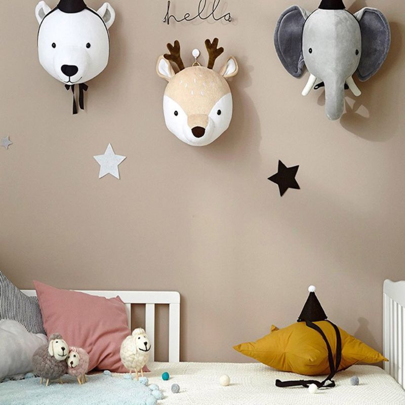 Wall Decor Cute Elephant Rabbit Deer Plush Stuffed Dolls Wall Mount Animal Head for Kids Room Kindergarten Decorative Toys 230317