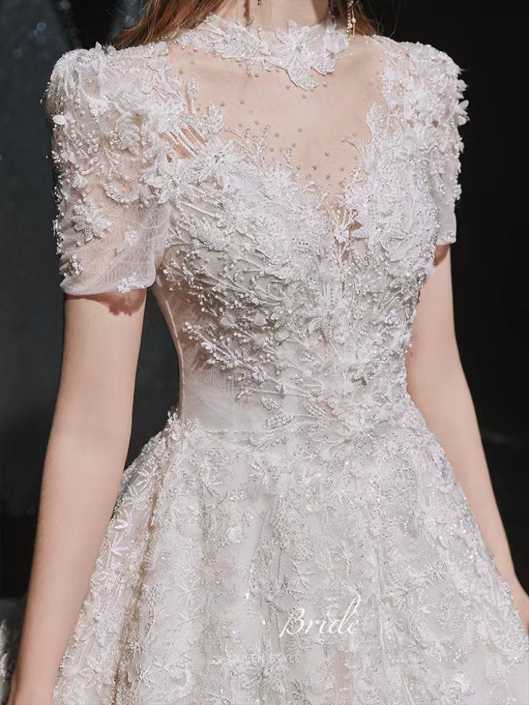 Vintage A Line Bateau Short Sleeves Dress Chapel Bride Party gown Custom White Lace Wedding Dresses Vestios De Novia blingbling Bridal Gown