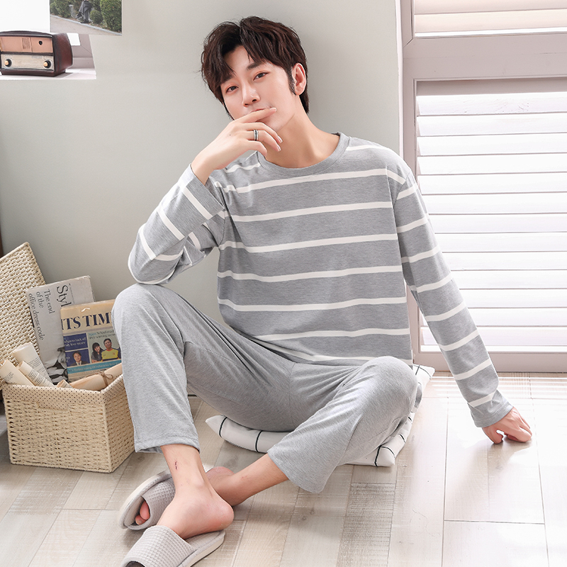 Men's Sleepwear Pajamas Sets Male Striped Full Pure Cotton Carton Fashion Men Long Sleeve Sleepwear Suit 2 Pieces Casual Spring Home Lounge Gift 