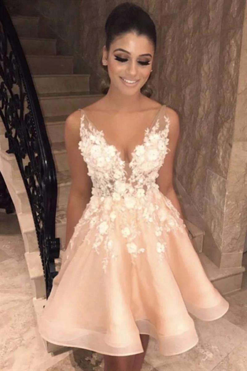 Party Dresses Peach Pink Short Homecoming V Neck Backless Mini Appliques 3D Floral Cocktail Prom Gowns For Sweet 16 GirlsParty, Ivory
Party Dresses Peach Pink Short Homecoming V Neck Backless Mini Appliques 3D Floral Cocktail Prom Gowns For Sweet 16 GirlsParty, Ivory