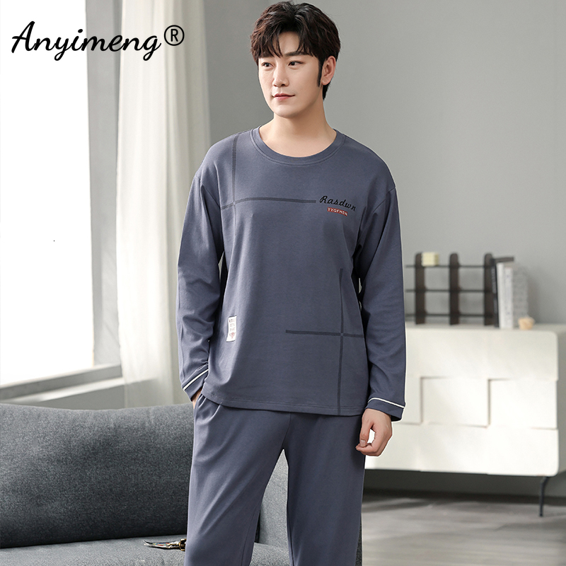 Men's Sleepwear Autumn Long Sleeve Pajamas Set for Men Plus Size Sleepwear Kinttied Cotton Pajama for Boy Plaid Minimalist Style for Gentleman 23