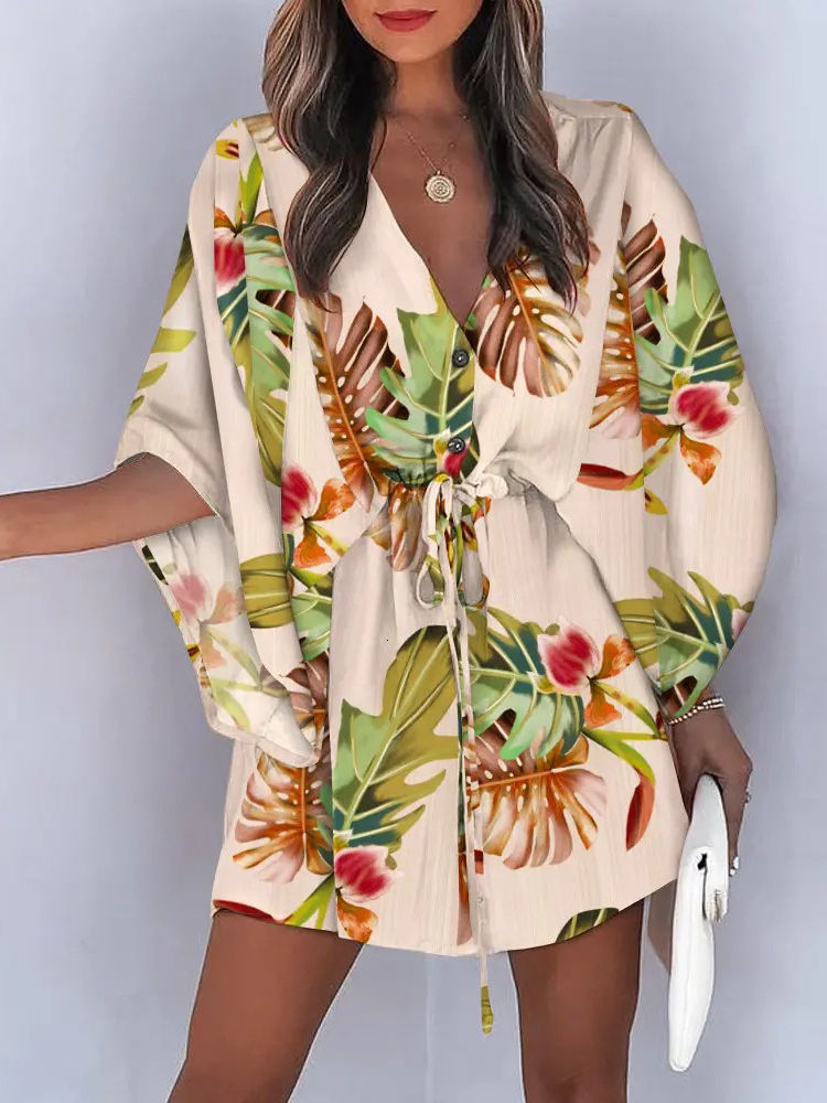 Casual Dresses Casual Boho Beach Vacation Mini Dress Women Summer Print Lace Up Button Batwing Sleeve Dresses For Women's Loose Female Robe 23031