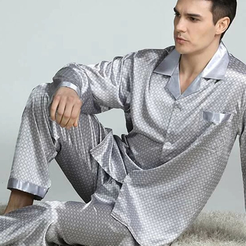 Men's Sleepwear Men Lapel Allover Print Satin Set Home Sleepwear Long Trouser Suit Sleep Two Piece Set Couple Loungewear Fashion Men 230317