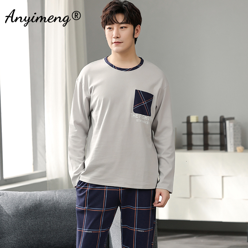 Men's Sleepwear Autumn Long Sleeve Pajamas Set for Men Plus Size Sleepwear Kinttied Cotton Pajama for Boy Plaid Minimalist Style for Gentleman 23