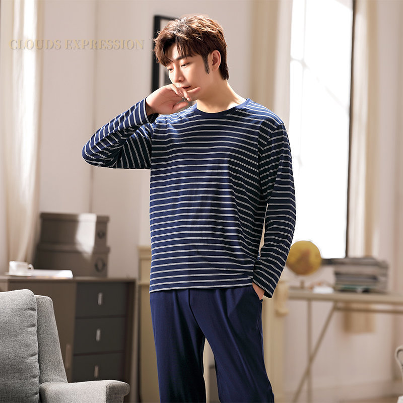 Men's Sleepwear Plus 4XL Spring Knitted Cotton Navy Night Suits Men's Pajama Sets Pyjamas Masculine Sleep Lounge Male Sleepwear Pajamas Fash