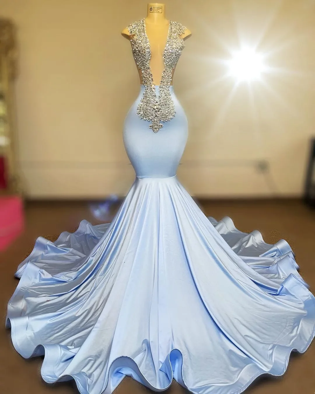 Prom Dresses with Crystal Stone Detailing over Skin Tone Mesh Open Back Ripple Hem Effect Lower Back Zipper Close Custom Made, Light yellow
Prom Dresses with Crystal Stone Detailing over Skin Tone Mesh Open Back Ripple Hem Effect Lower Back Zipper Close Custom Made, Light yellow