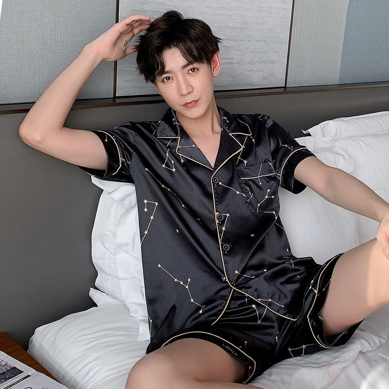 Men's Sleepwear CAIYIER Plus Size 4XL 5XL Men's Pajamas Summer Satin Silk Sleepwear Set Short Sleeve Shorts Boy Leisure Pajama Sets Grid Pri